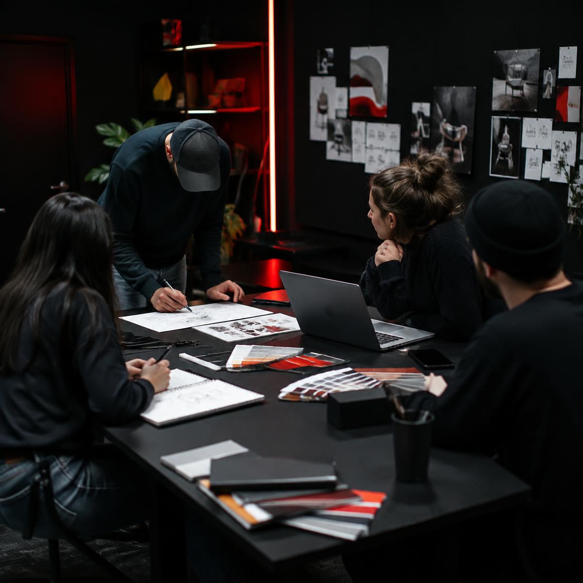 Creative team reviewing sketches and colour swatches